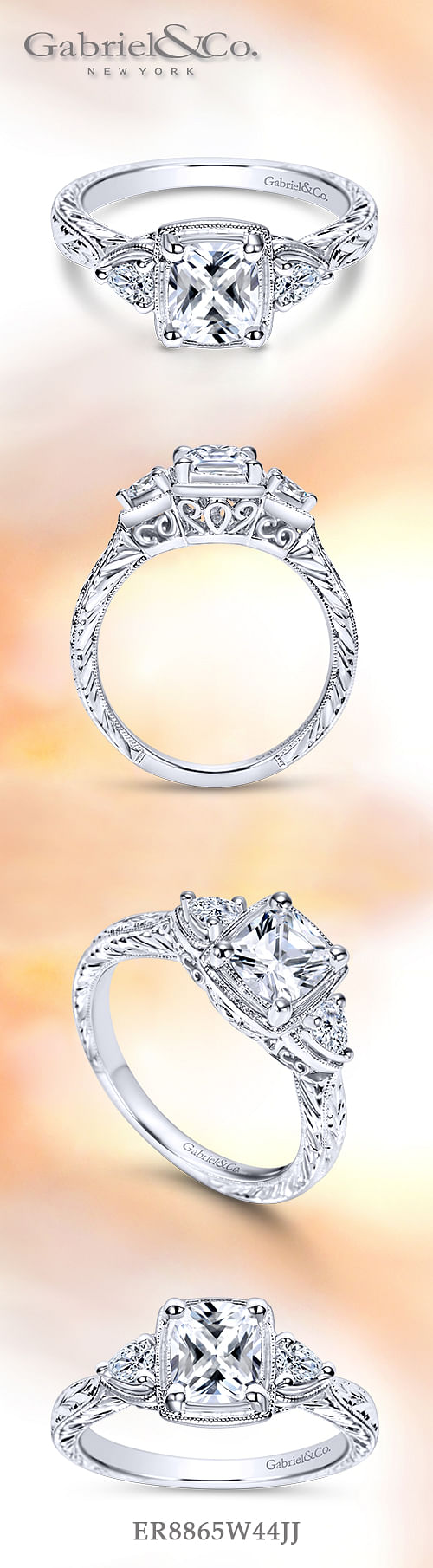 Vintage Inspired 14K White Gold Cushion Cut Three Stone Diamond Engagement Ring angle 